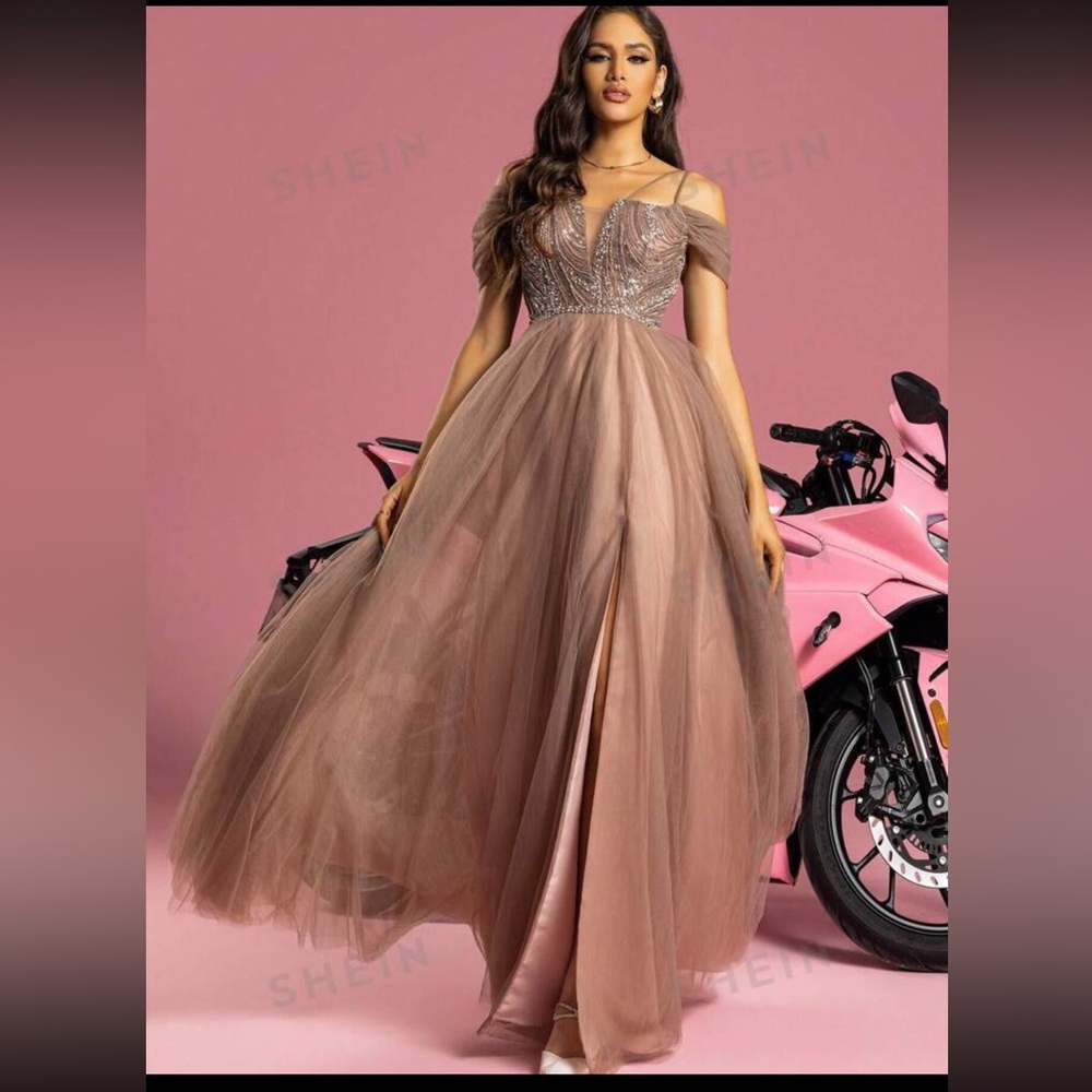 Cold Shoulder Split Thigh Mesh Formal Dress